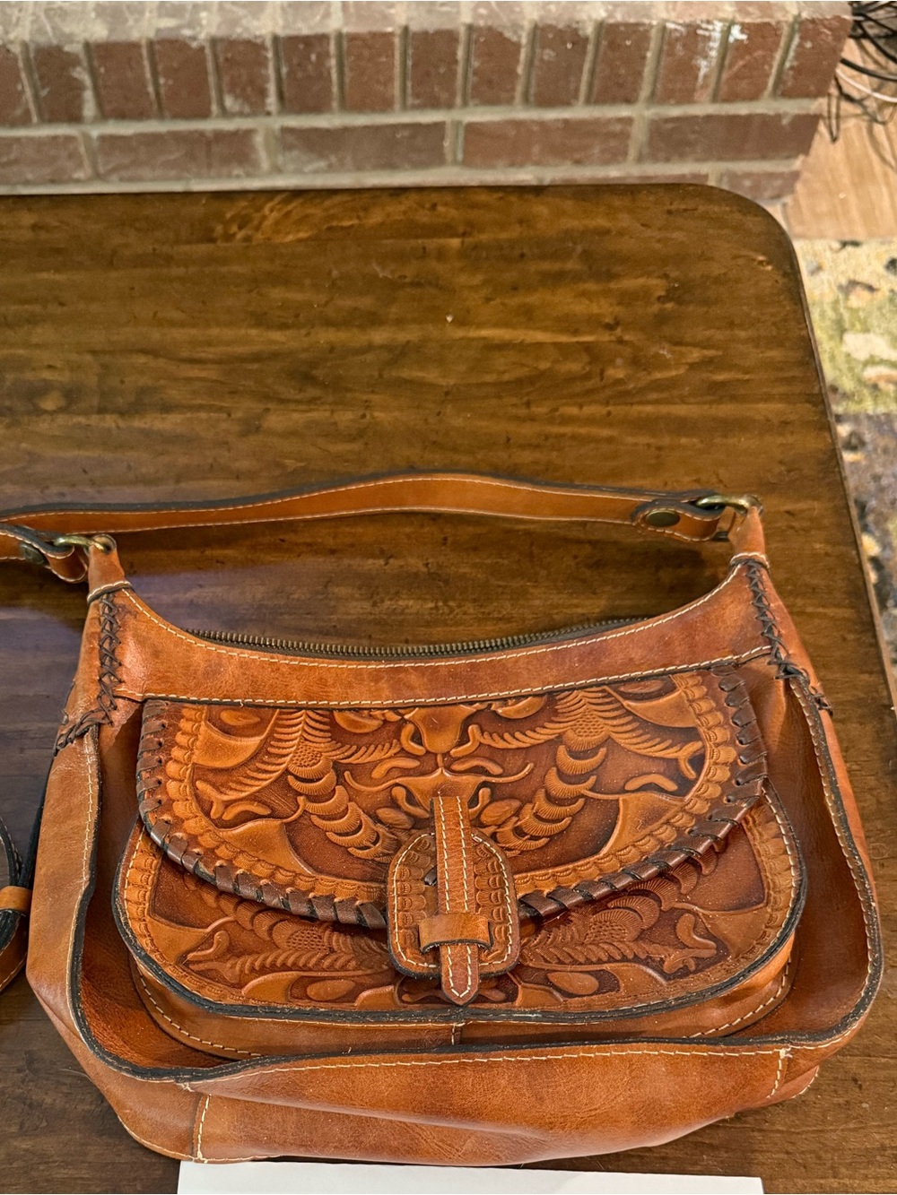 Patricia Nash Camille Tooled Leather Crossbody Bag in Cognac Brown